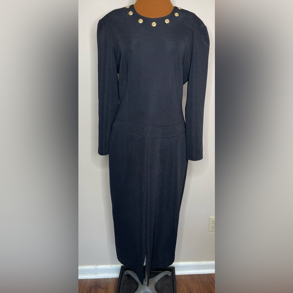 Joseph Ribkoff Black Midi Dress with Gold Neckline Buttons